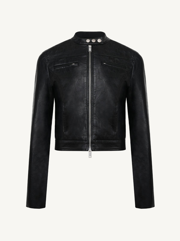 Structured Stand Collar Cropped Leather Jacket