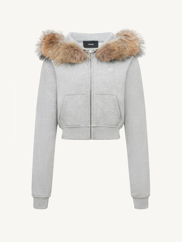 Faux Fur Collar Fleece-Lined Cropped Hoodie Jacket
