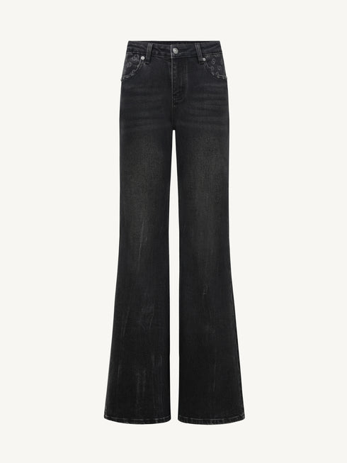 Classic Monogram Patchwork Stretch Flared Black Denim Jeans