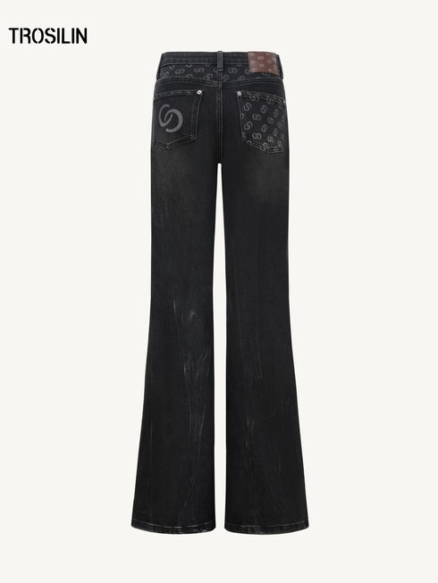 Classic Monogram Patchwork Stretch Flared Black Denim Jeans