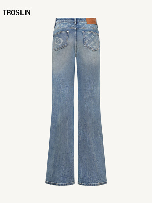 Classic Monogram Patchwork Stretch Thick Flared Blue Denim Jeans