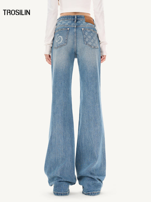 Classic Monogram Patchwork Stretch Thick Flared Blue Denim Jeans