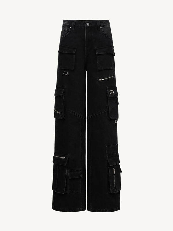 Multi-Pocket Straight-Leg Cargo Denim Jeans