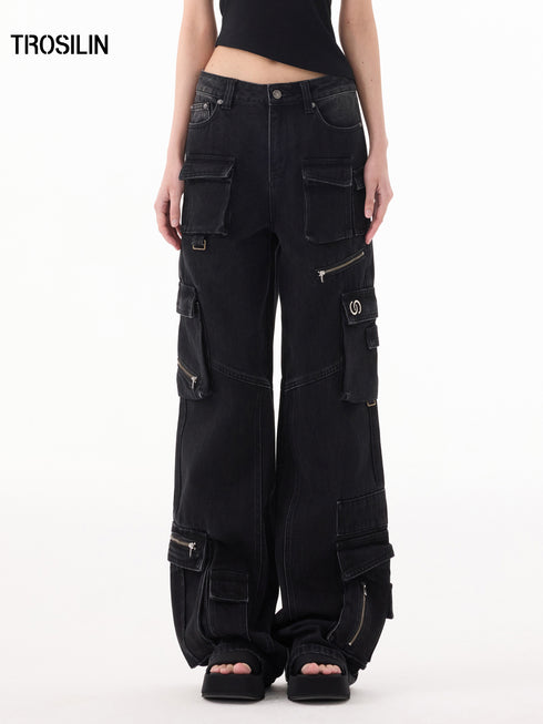 Multi-Pocket Straight-Leg Cargo Denim Jeans