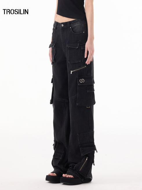 Multi-Pocket Straight-Leg Cargo Denim Jeans