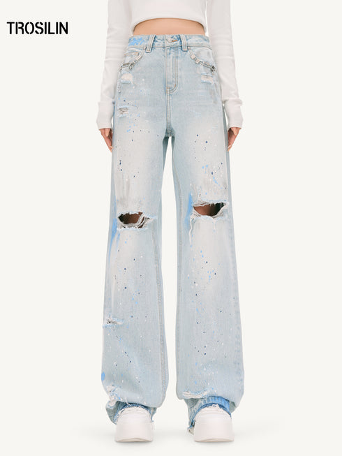 Distressed Paint-Splatter Jeans