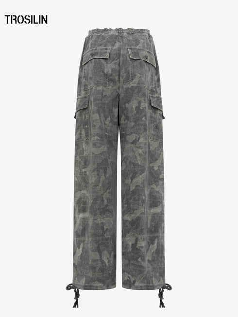 High-waist drawstring camouflage cargo pants