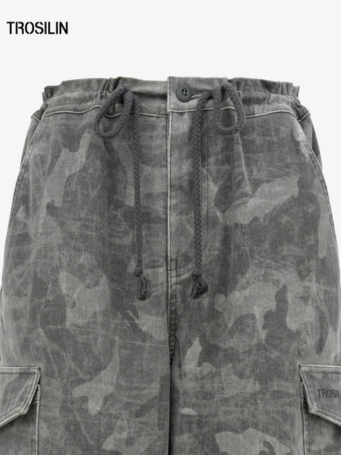 High-waist drawstring camouflage cargo pants