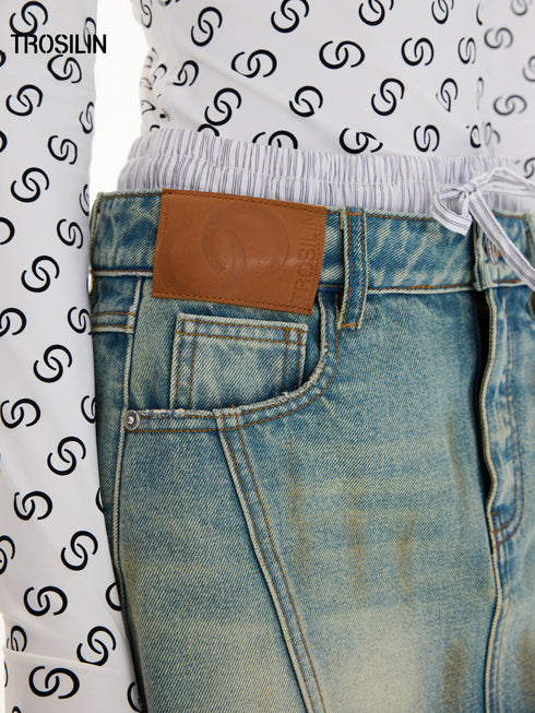 Double-Waist Mud-Dyed Vintage Mini Skirt