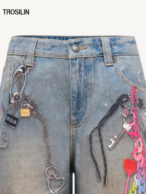 Ink Splatter Curved Wide-Leg Jeans