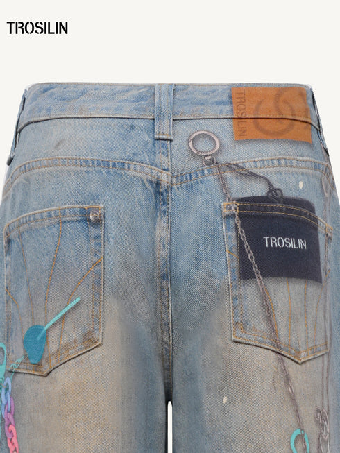 Ink Splatter Curved Wide-Leg Jeans