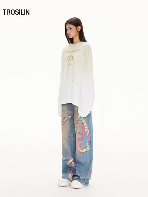 Ink Splatter Curved Wide-Leg Jeans