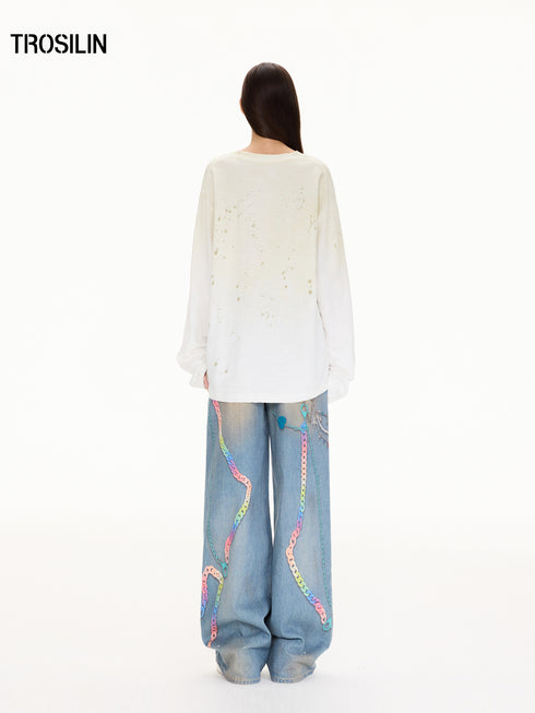 Ink Splatter Curved Wide-Leg Jeans