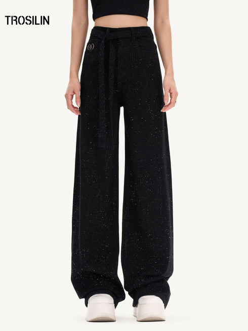 New Starry Rhinestone Wide-Leg Denim Pants