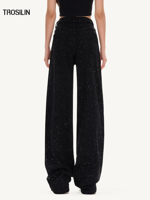 New Starry Rhinestone Wide-Leg Denim Pants