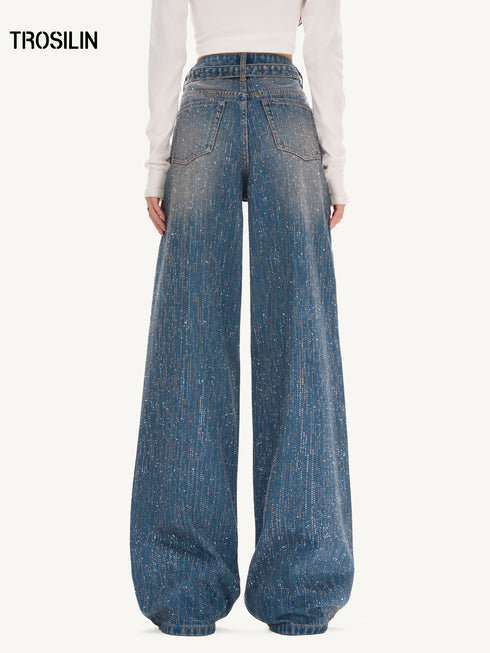New Starry Rhinestone Wide-Leg Denim Pants