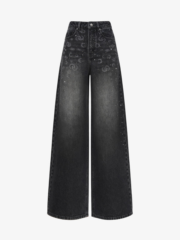 Black Star & Moon Rhinestone High-Waist Wide-Leg Denim Jeans