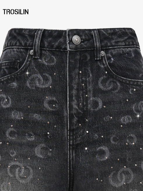 Black Star & Moon Rhinestone High-Waist Wide-Leg Denim Jeans