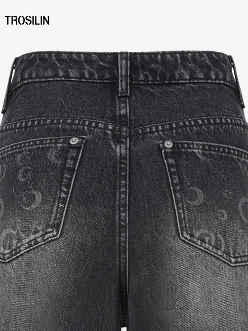 Black Star & Moon Rhinestone High-Waist Wide-Leg Denim Jeans