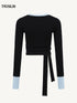 Contrast Lace-Up Long Sleeve Tee