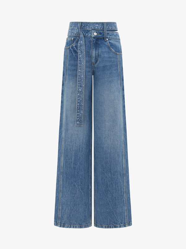 Crystal Strap Asymmetric Waist Wide-Leg Denim Jeans
