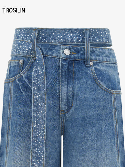 Crystal Strap Asymmetric Waist Wide-Leg Denim Jeans