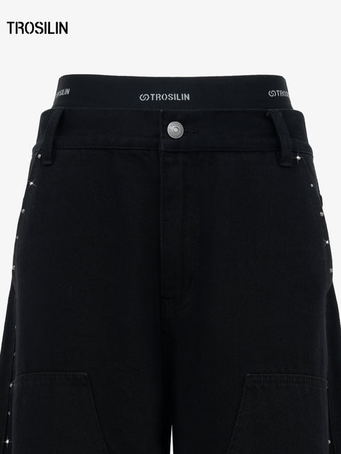 Star Orbit Black Wide-Leg Cargo Pants