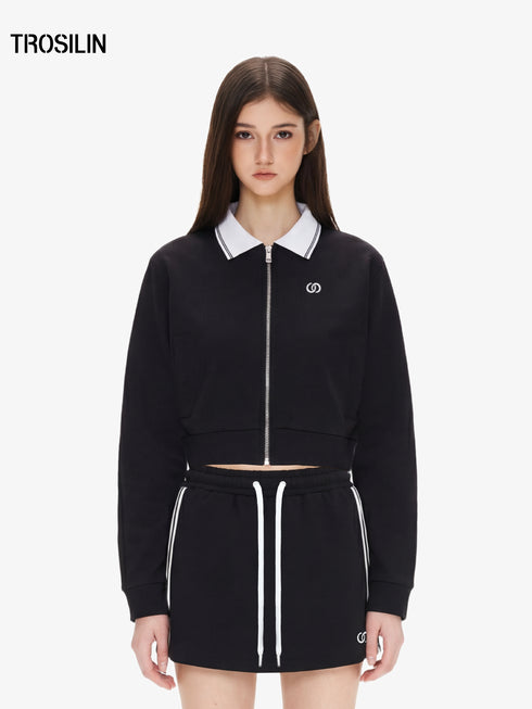 Black track-inspired cropped zip-up jacket