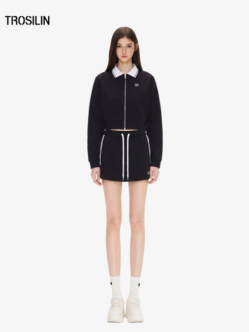 Black track-inspired cropped zip-up jacket