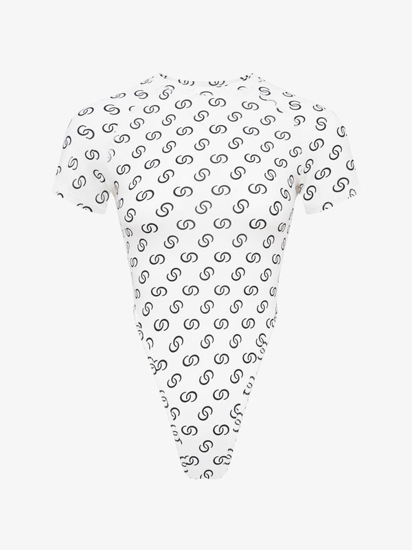 White all-over print short sleeve bodysuit