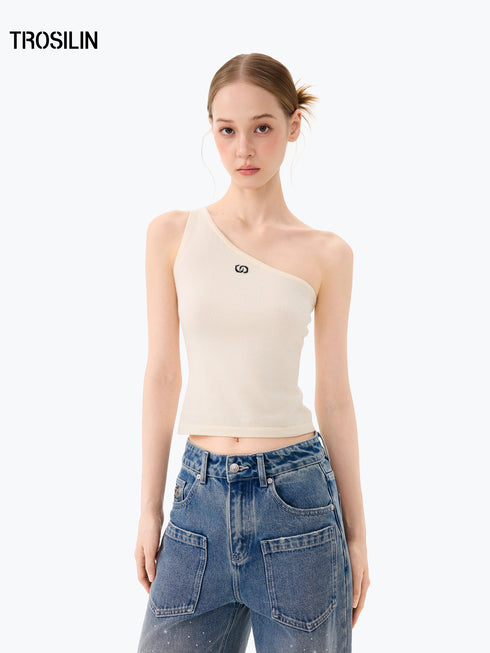 Lune White One-Shoulder Knit Tank