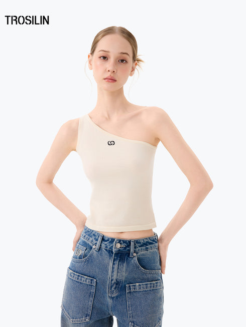 Lune White One-Shoulder Knit Tank