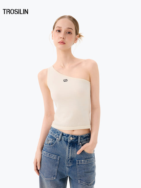 Lune White One-Shoulder Knit Tank