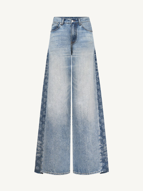 Contrast Splicing Logo Wide-Leg Washed Jeans
