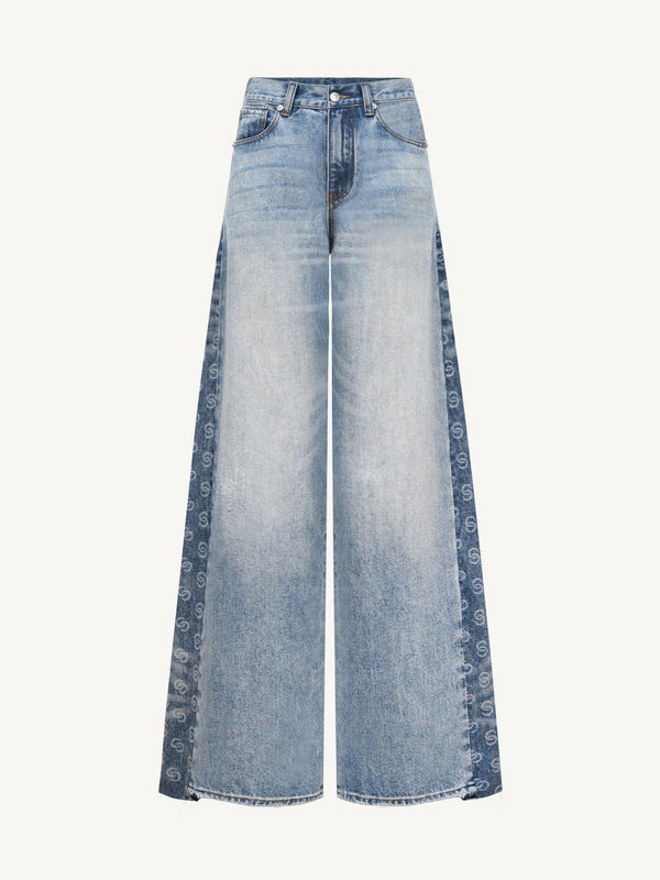 Contrast Splicing Logo Wide-Leg Washed Jeans