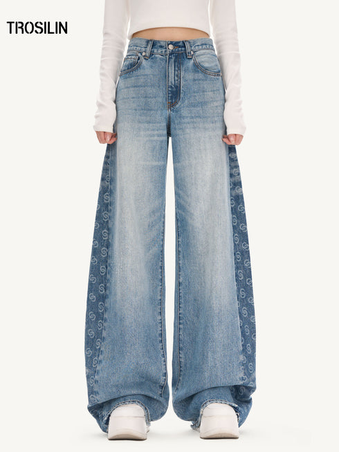 Contrast Splicing Logo Wide-Leg Washed Jeans