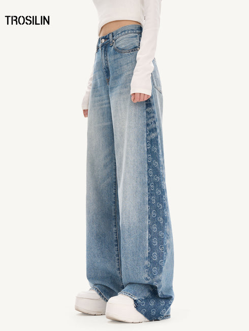 Contrast Splicing Logo Wide-Leg Washed Jeans
