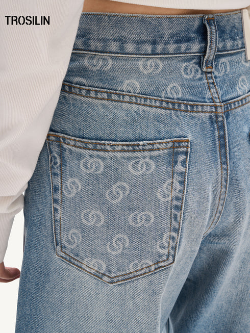 Contrast Splicing Logo Wide-Leg Washed Jeans