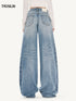 Contrast Splicing Logo Wide-Leg Washed Jeans