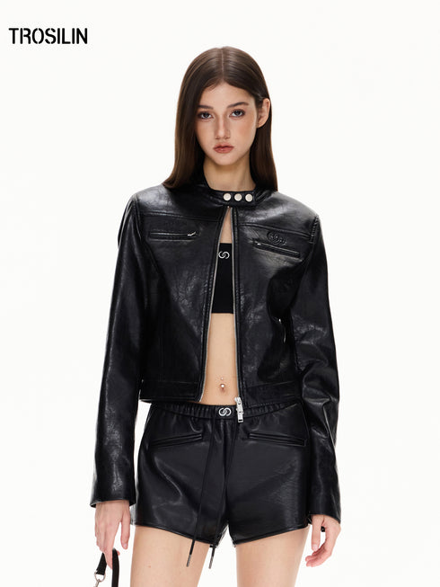 Structured Stand Collar Cropped Leather Jacket