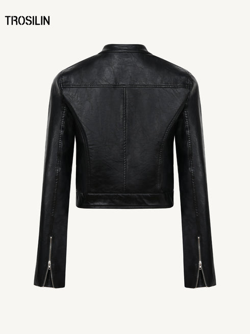Structured Stand Collar Cropped Leather Jacket