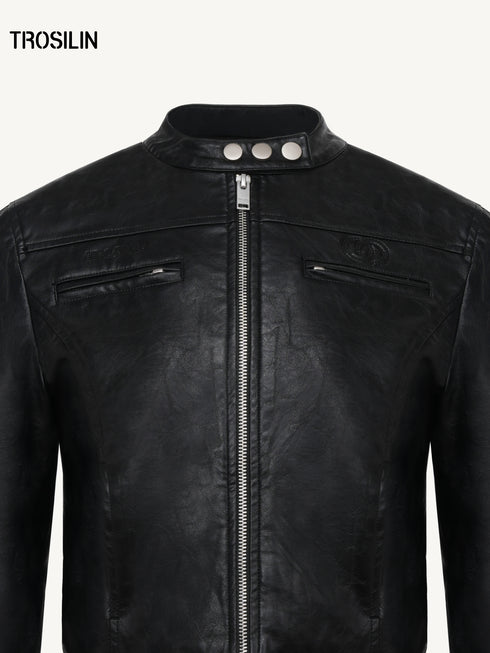 Structured Stand Collar Cropped Leather Jacket
