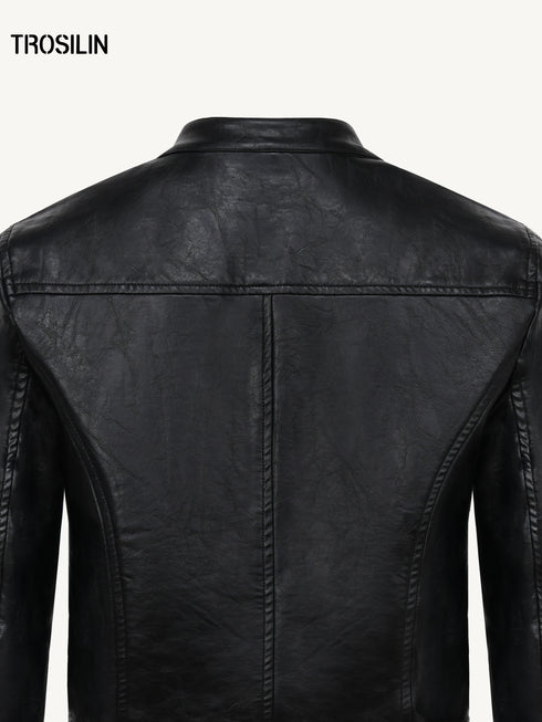 Structured Stand Collar Cropped Leather Jacket