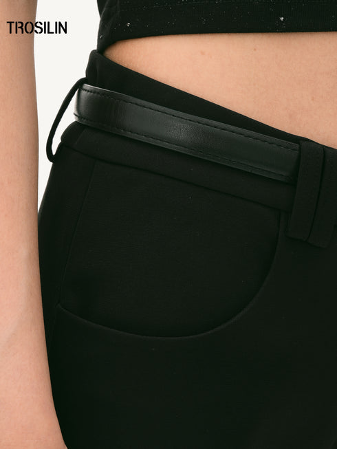 Slim Flared Mid-Waist Belted Trousers