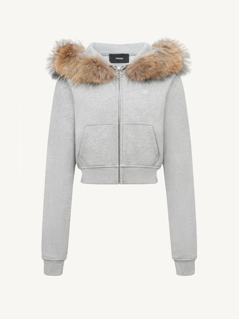 Faux Fur Collar Fleece-Lined Cropped Hoodie Jacket