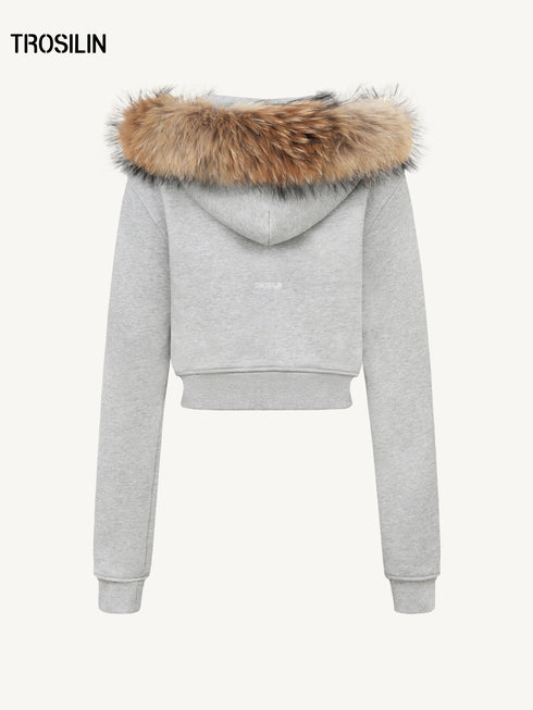 Faux Fur Collar Fleece-Lined Cropped Hoodie Jacket
