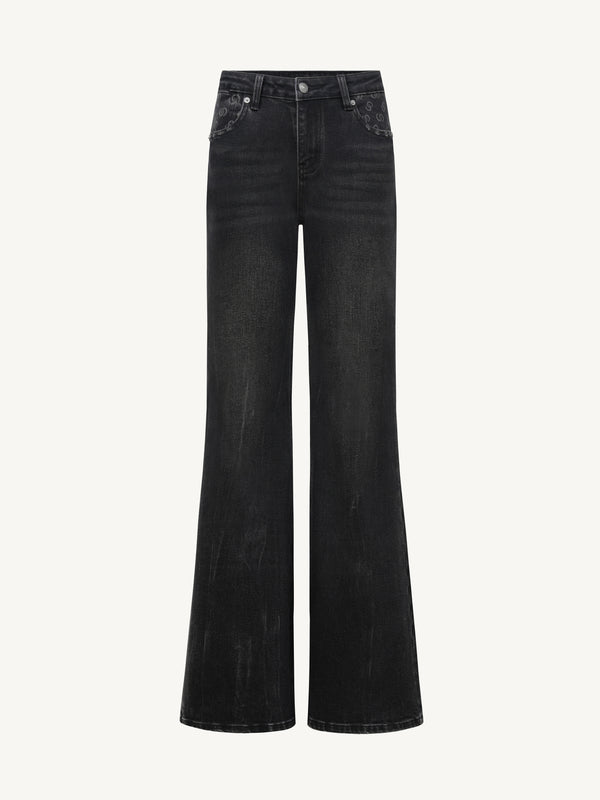 Classic Monogram Patchwork Stretch Flared Black Denim Jeans