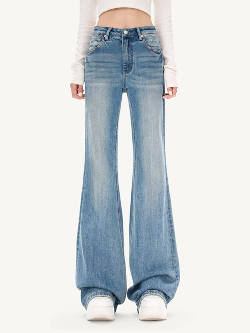 Classic Monogram Patchwork Stretch Thick Flared Blue Denim Jeans