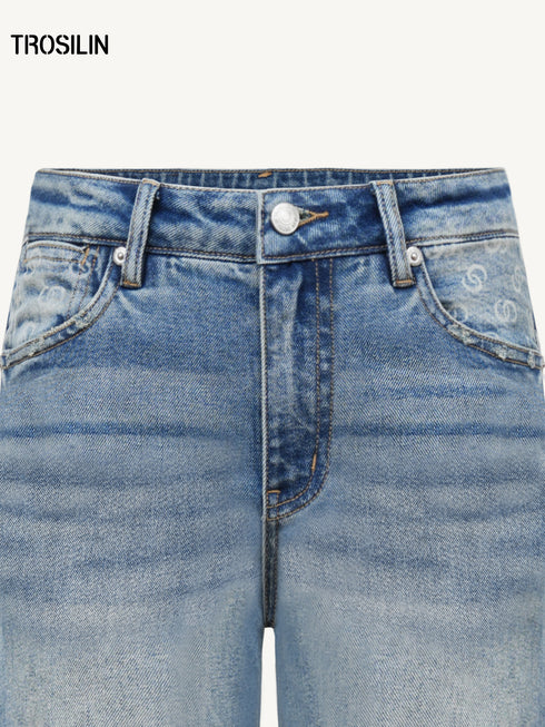 Classic Monogram Patchwork Stretch Thick Flared Blue Denim Jeans