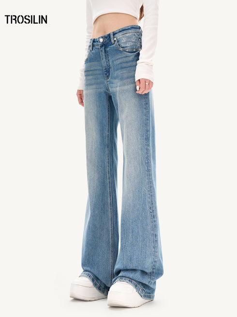 Classic Monogram Patchwork Stretch Thick Flared Blue Denim Jeans